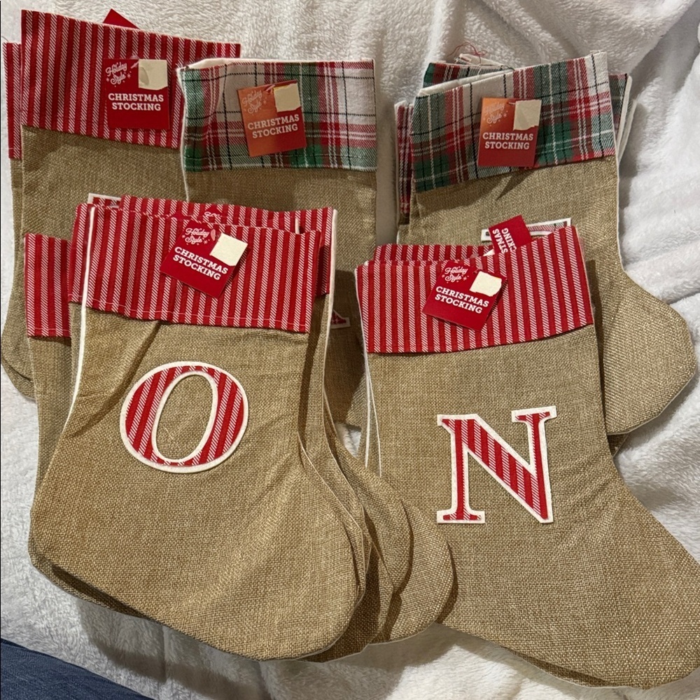 Set of Christmas Stockings with Red Accents and Letters